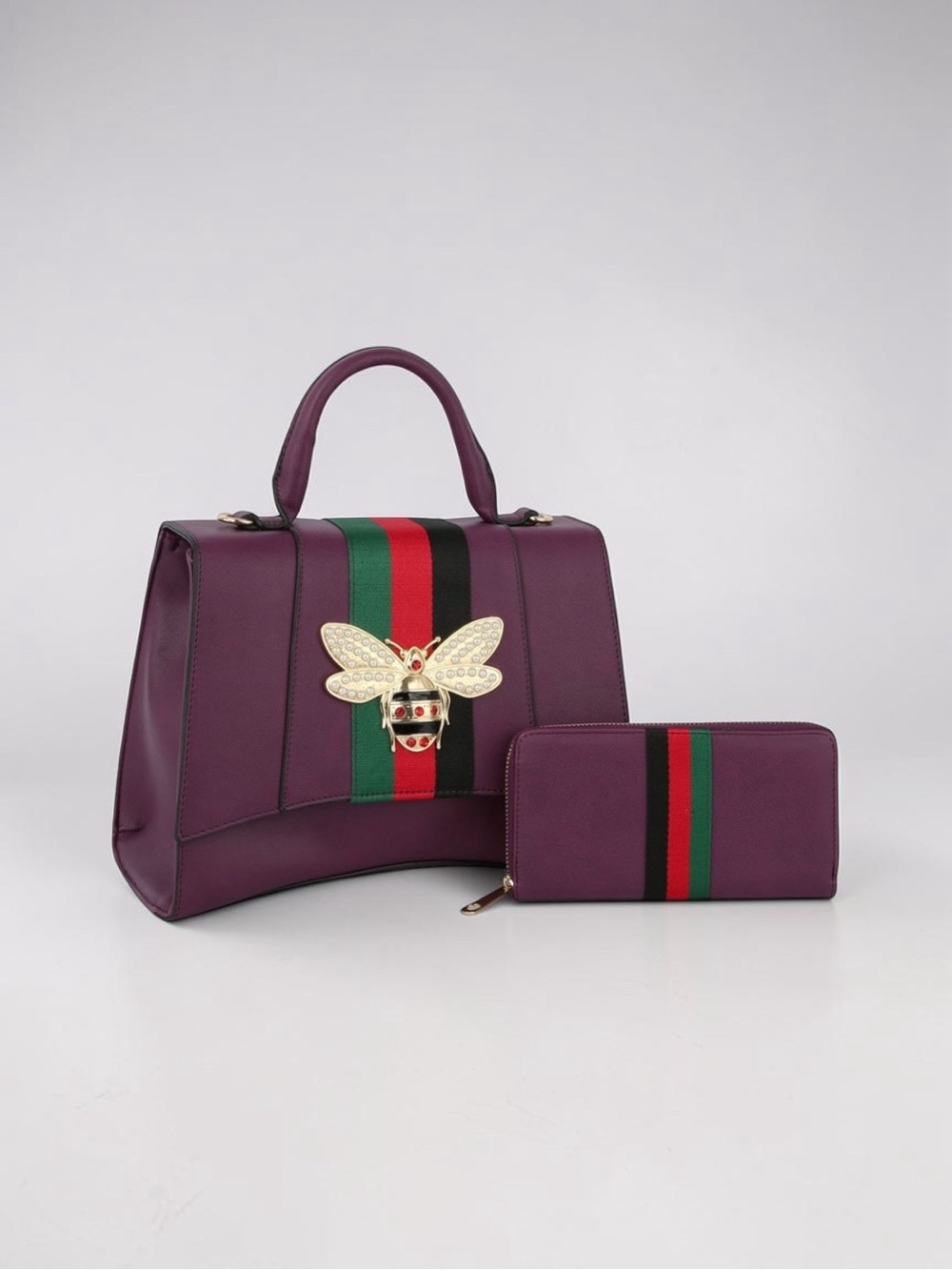 Purple Top-Handle Bag and Wallet Set with Bee Accent 2 in 1